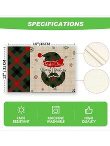 2pcs/4pcs/6pcs/8pcs Christmas Linen Placemat, Green Plaid Santa Claus Head Print Pattern Placemat, 12*18 Inch Heat Resistant And Non-Slip Washable, Suitable For Christmas Holiday Farmhouse Family Gathering And Party Decoration Placemat