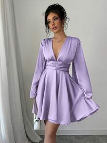 abyoxi Solid Color V-Neck Long Flare Sleeve Waist Ruched Ruffle Hem Satin Elegant Party Dress, Suitable For Wedding, Birthday Party, Back To School Season, Autumn/Winter Women Spring - Purple - View 5