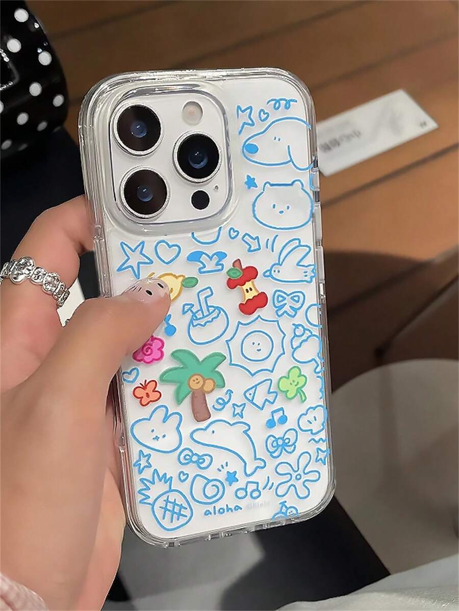 Ins Korean Cute Cartoon Graffiti Clear Phone Case Compatible With IPhone 16 15 14 13 11 12 Pro Max 16 15 14 Plus Summer Beach Style Creative Protective Cover Shell - Clear - View 1