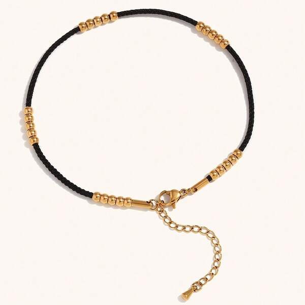 Bijoux de cheville à la mode, corde noire avec 25 perles en acier, acier inoxydable 316L, hypoallergénique, plaqué or 18 carats.