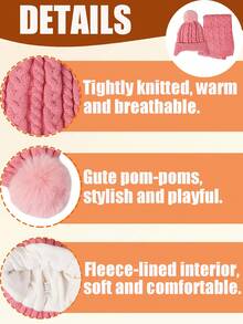 4件套儿童毛球冬季针织保暖帽、手套、围巾套装，纯色加厚保暖内衬婴儿帽，男女童针织连帽围脖套装 - 彩色 - 查看 4