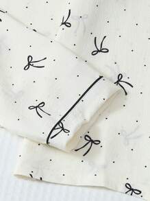 2pcs Women Polka Dot Bowknot Sleepwear Set, Long Sleeve Button Collar Top And Pants, Casual Loungewear For Home Use, Autumn/Winter, Fall Clothes