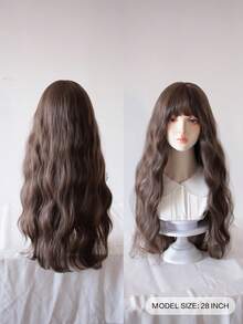 28" Cool Tone Brown Retro Egg Roll Curls Wig With Bangs- Voluminous Long Barrel Waves Synthetic Hair For Party Cosplay Daily Wear& All Skin Tones. - Brown - View 7