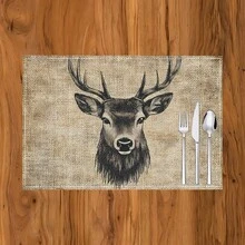 1pc/4pcs/6pcs Deer Head Printed Linen Placemats, Suitable For Dining Table, All Season Decor, Modern Washable Table Mats, Room Decor, Coasters, Kitchen Dining Mats, Indoor Outdoor Party Decoration, Home Decor, Ideal Gift - Multicolor - View 11