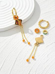 1 Pair New Chinese Style Geometric Circle & Square Long Tassel Earrings, Versatile Luxury Party Gift Earrings For Women - Orange - View 5