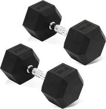 Fitvids Hex Rubber Coated Dumbbells Hand Weights Pairs For Exercises And Fitness And Home Gym, Pairs - 35磅一對 - 查看 3
