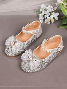 1 双加大码 2025 新款时尚百搭粉色女孩珍珠和水钻蝴蝶结装饰可爱平底鞋，圆头，适合日常穿着、跳舞、春秋季户外穿着，闪光装饰包头公主芭蕾平底鞋，尺码偏小半码