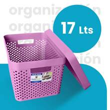 Caja almacenamiento 17 litros con tapa diseño minimalista moderna organizador plástico resistente almacenaje hogar contenedor hermético apilable multiusos para casa oficina - Lila Púrpura - Ver 8