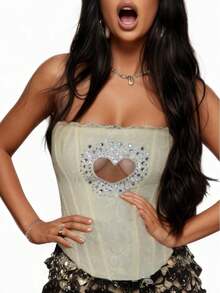 Solid Color Knit S-Type Strapless Top For Women With Heart Cutout And Rhinestone Detail - Màu vàng - Xem 4