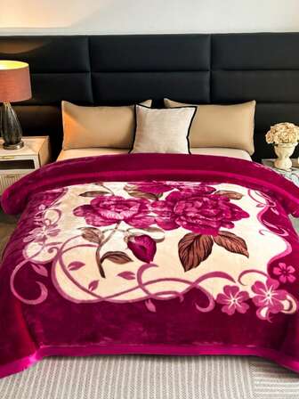 1pc Christmas Floral Pattern Blanket, Soft Double-Layer Raschel Throw Blanket, Long Plush Warm & Cozy For Bedroom, Living Room, Travel