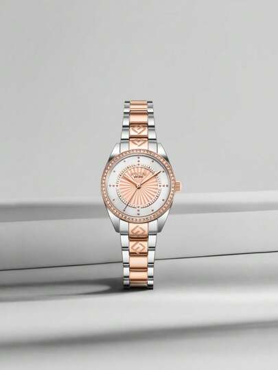 FION Two-tone Stainless Steel Bracelet Watch for Women Rose Gold-tone Diamond Round Case Watch Ladies Elegant Casual Analog Quartz Watch with Adjustable Bracelet