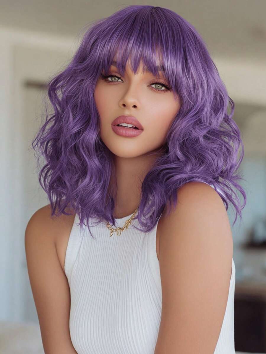 SMILCO 14-Inch Purple Wavy Wig For Women With Straight Bangs To Make Your Face Look Smaller. Medium-Length Hair Is Fluffy And Natural. Fashionable For Daily Outings - Màu tím - Xem 1