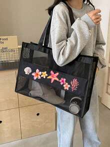 Sac en maille à motif de lettres de plage, sac fourre-tout en maille grande capacité, cadeau pour la fête des mères, sac de toilette portable en maille, sac fourre-tout en maille d'atmosphère maritime, grand sac de courses, à utiliser pour vous-même ou à offrir en cadeau à des amis, à votre mère, à des enseignants, grand sac fourre-tout - Multicolore - Voir 12