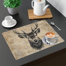 1pc/4pcs/6pcs Deer Head Printed Linen Placemats, Suitable For Dining Table, All Season Decor, Modern Washable Table Mats, Room Decor, Coasters, Kitchen Dining Mats, Indoor Outdoor Party Decoration, Home Decor, Ideal Gift - Multicolor - View 8