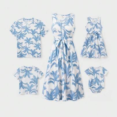 PatPat Blue Leaf Holiday Casual Broken Flower Family Matching Suits Unisex T-Shirt For Boy Or Men Dress For Girl Or Women