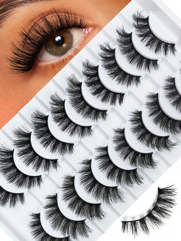 10 pares de pestañas postizas de visón falso, pestañas rusas de tira, rizado D, aspecto natural, esponjosas de 13 mm, 6D, desordenadas, banda negra, suaves y reutilizables, parecen extensiones, paquete de pestañas cruzadas