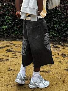 Globe Swift Embroidered Mid-Rise Loose Straight Wide Leg Jeans, Emo Style - Black - View 3