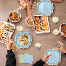 80件/套一次性派对不对称金箔餐具套装，包含蓝色金箔不对称盘子、一次性杯子、餐巾纸，适用于节日、生日、聚会 - 藍色 - 查看 4