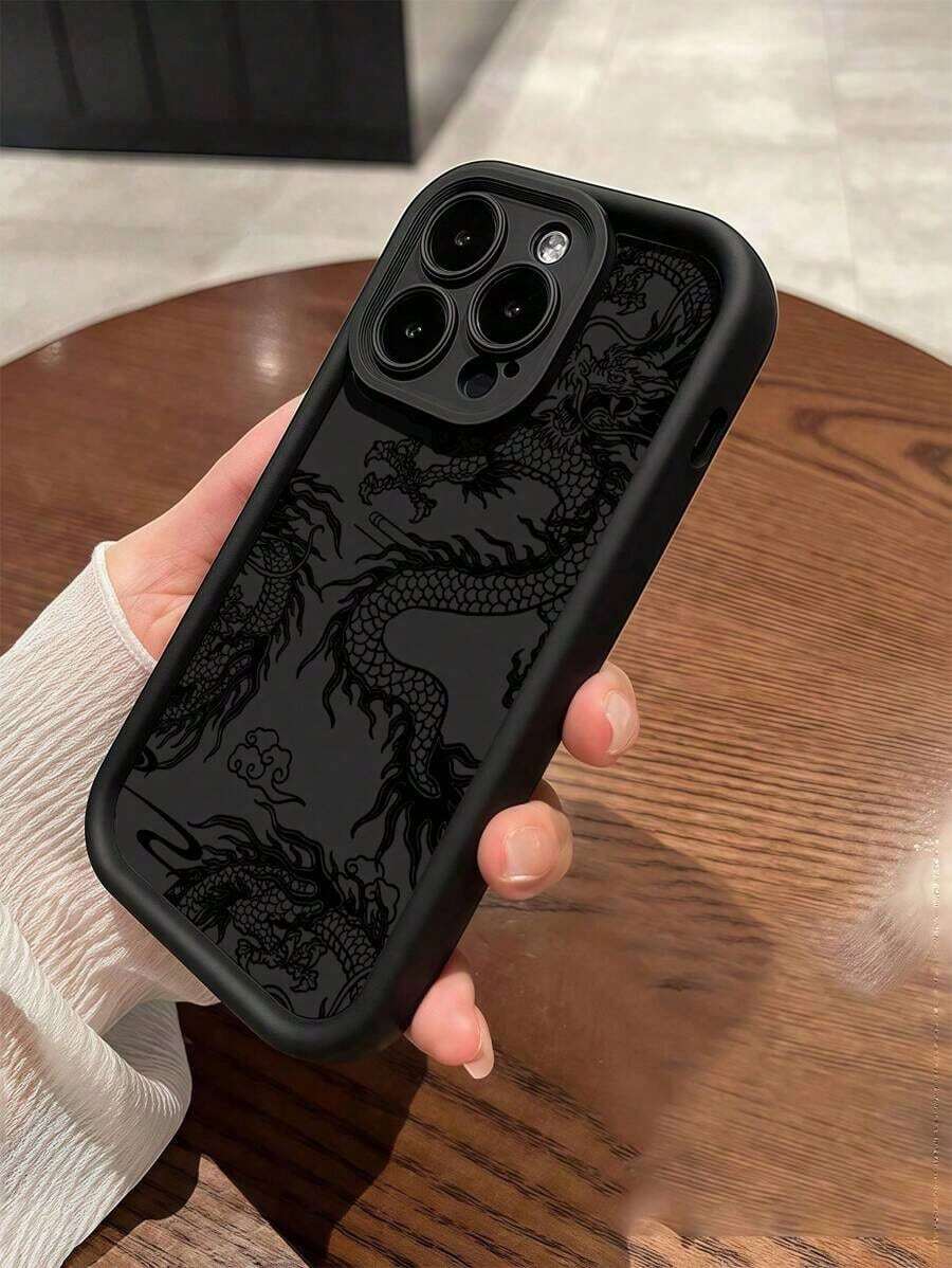 1pc Black Line Dragon Pattern Shockproof TPU Phone Case, Compatible With Apple 16, 15, 14, 13, 12, 11 Pro Max, And Series - 黑色 - 查看 1