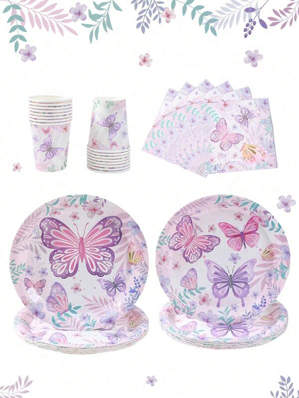 Juego de 40 piezas de vajilla desechable con diseño de mariposas rosa y morado para fiesta, contenedores de comida desechables para fiesta de cumpleaños con mariposas, bandejas para comida, platos para pastel, vasos, decoración de mesa para boda y fiesta de cumpleaños