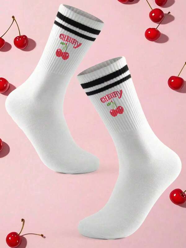 1 Pair Women's Crew Neck Socks With Cute Cherry Pattern, Suitable For School Students And Daily Life
