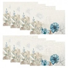 1/4/6/8/12 Pcs Linen Dining Table Placemats, Washable Ocean Seashell Printed Table Mats, Surface Protective Pads, Indoor Outdoor Dining Table Decor, Suitable For Holiday Parties & Kitchen