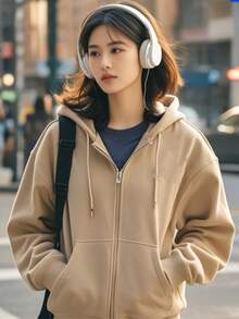 Women's Hooded Sweatshirt With Zipper Closure - màu kaki nhạt - Xem 1