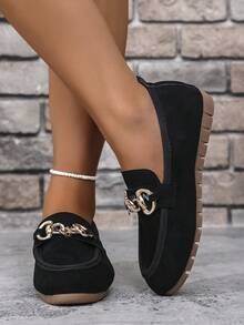 1 Paar Damen Retro Loafer, Obermaterial aus Wildleder mit bedruckter Ketten-Dekoration, atmungsaktiv & bequeme Slip-On Flache Schuhe, geeignet für Partys, Dates, Tänze, Lässig, Strand, Innenbereich, Straße, Campus Tragen