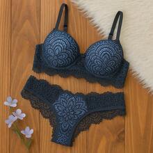 LACE LINGERIE SET WITH PADDED BRA + PANTIES SENSUAL NIGHT LINE WINTER FASHION LINGERIE - Màu xanh nhạt - Xem 1