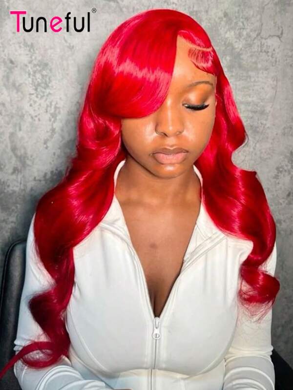 Tuneful Tuneful Wigs 13x6 gemakkelijk te smelten kantpruik, rood, bodywave, 30 inch, 13x6 kantpruik van echt haar, voorgeplukt haarlijn, rood, zacht, echt haar, geen verharing, transparante kantpruiken