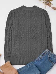 Women's Long Sleeve Loose Knit Cable Open Front Button Down Cardigan Sweater Outerwear Coat With Pockets - 深灰色 - 查看 5