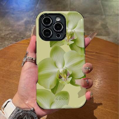 1 Ốp lưng điện thoại bảo vệ hai lớp bằng TPU mềm + PC có họa tiết hoa lan xanh tươi, chống trượt, chống sốc, tương thích với iPhone 11/12/13/14/15/16/16 Plus/16 Pro/16 Pro Max