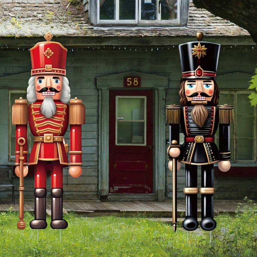 2pcs Set Vibrant Nutcracker Yard Signs - Large Outdoor Christmas Decorations With Stakes For Garden, Lawn, And Porch
