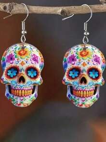 2 Stücke Vintage Halloween Geist Skelett Punk Rock Acryl Anhänger Ohrringe, Schmuckzubehör für Frauen für Feiertagsfeierlichkeiten