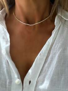 STYLEVER 1件装金色A-Z 26字母项链，绿松石钻石椭圆形扣链，搭配金色珠子项链和不锈钢链，独特优雅风格 - 金黃色 - 查看 8