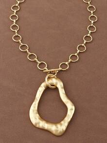 1条时尚哑光金/银色不对称镂空方形吊坠粗链项链，适合女性日常佩戴，18英寸+2英寸延长链 - Open Oval Pendant - 查看 2