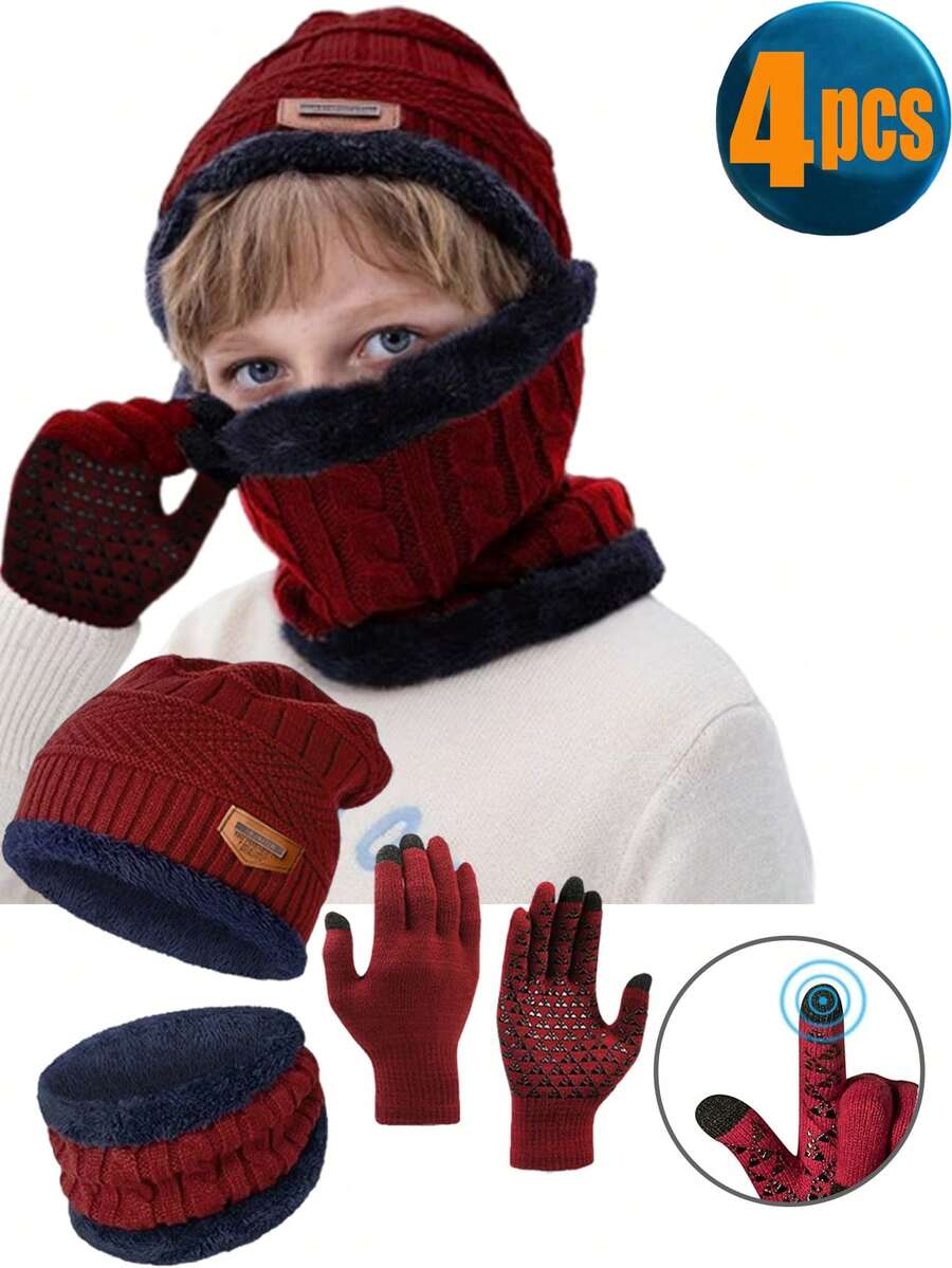 3pcs Kids Winter Hat, Scarf And Gloves Set, Knitted Beanie Hat And Scarf, Suitable For 3-12 Years Old Children