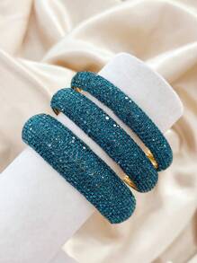 Juego de 3 pulseras brazalete de metal geométricas redondas con incrustaciones de rhinestone de moda y lujo, joyería de alta gama para mujer para fiesta
