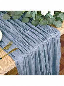 1pc Crinkle Table Runner, Balinese Gauze Table Topper, Gauze Tablecloth, Bohemian Rustic Autumn/Winter Decor, Wedding, Bridal Shower, Holiday Party, All Season - Blue - View 19