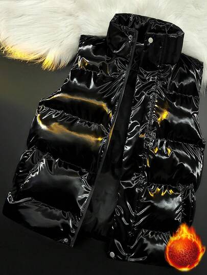 [Cómodo y cálido] Chaleco de burbuja brillante y grueso de moda para hombres - Chaqueta sin mangas con cuello alto, cremallera y bolsillos, adecuada para otoño/invierno, forro polar