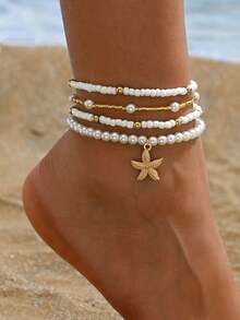4pcs/Set Handmade Beaded Starfish Pendant Anklet, Vintage Faux Pearl Foot Jewelry For Women's Daily Wear, Summer White Color Theme