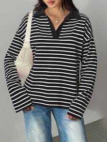 Classic Black And White Striped Long Sleeve Collared Blouse For Comfort - Black and White - View 2