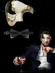 2pcs Half Face Masquerade Set] Phantom Of The Opera Style Men's Masquerade Set - Half Face Mask And Bowknot , Perfect For Halloween, Carnival, Balls And Costume Parties - Multicolor - View 1