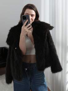 HH Faux Fur Jacket For Women Elegant Solid Lapel Long Sleeve Coat Casual Loose Female Winter Oversize Lady Chic Streetwear Jakcets - Màu xám đen - Xem 1