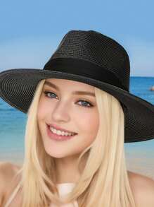 قبعة قش نسائية ورجالية قطعة واحدة، قبعة شاطئ صيفية، قبعة شمس، قبعة علوية، لون أحادي، بوهيمي عادي لفصلي الربيع والصيف