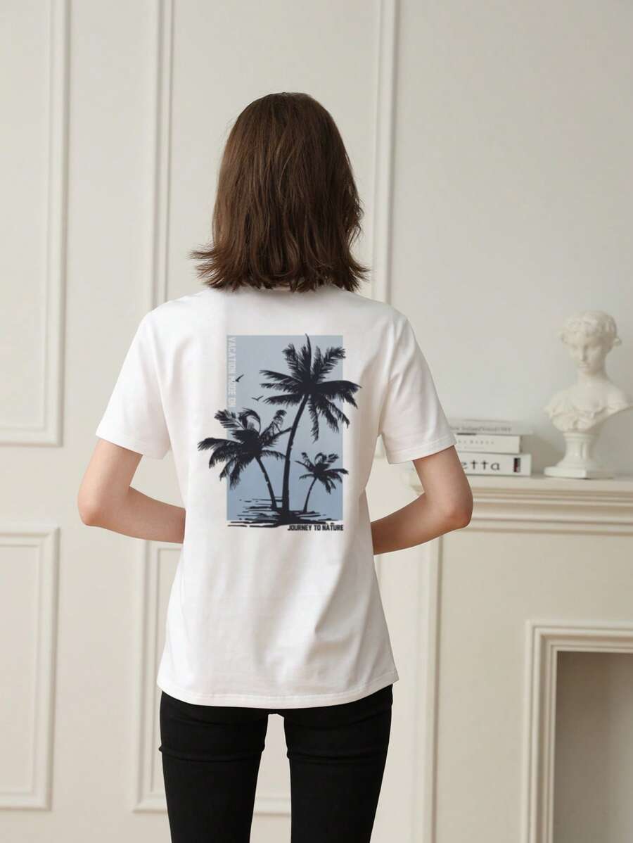 女式夏季椰子树图案圆领短袖 T 恤，休闲宽松百搭假日风格上衣，时尚夏装适合日常假日穿着