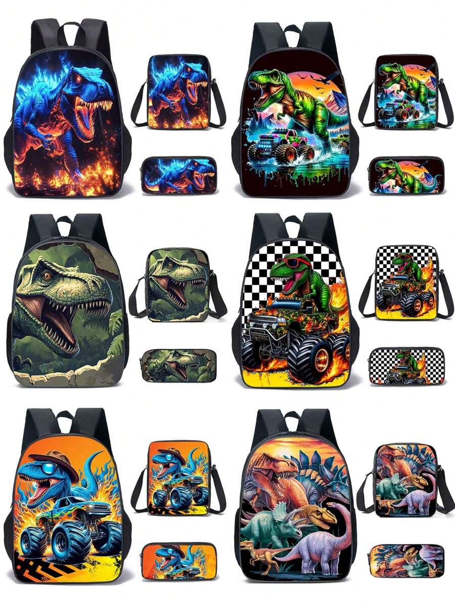 3pcs Dinosaur-Black/Green/Colours Themed Backpack Set With Lunch Box & Pencil Case&Storage Bag - Polyester, Lightweight, Fashionable Mixed Colors