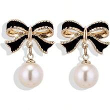 Bow Earrings For Women  Sparkly Rhinestone Chain Tassel Earrings Cute Ribbon Stud Earring Daily Party Jewerly Gifts Christmas Stocking Stuffers - C5:anting mutiara pita hitam - View 1