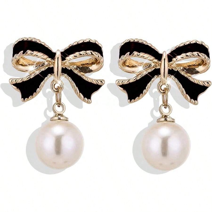 Bow Earrings For Women Sparkly Rhinestone Chain Tassel Earrings Cute Ribbon Stud Earring Daily Party Jewerly Gifts Christmas Stocking Stuffers - C5:anting mutiara pita hitam - View 1