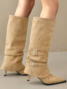 Vintage Pointed Toe Stacked Heel Boots For Women, 2025 Spring Autumn New Arrival, British Style Over-The-Knee High Shaft Wrinkle Cowboy Riding Boots - Khaki - View 2